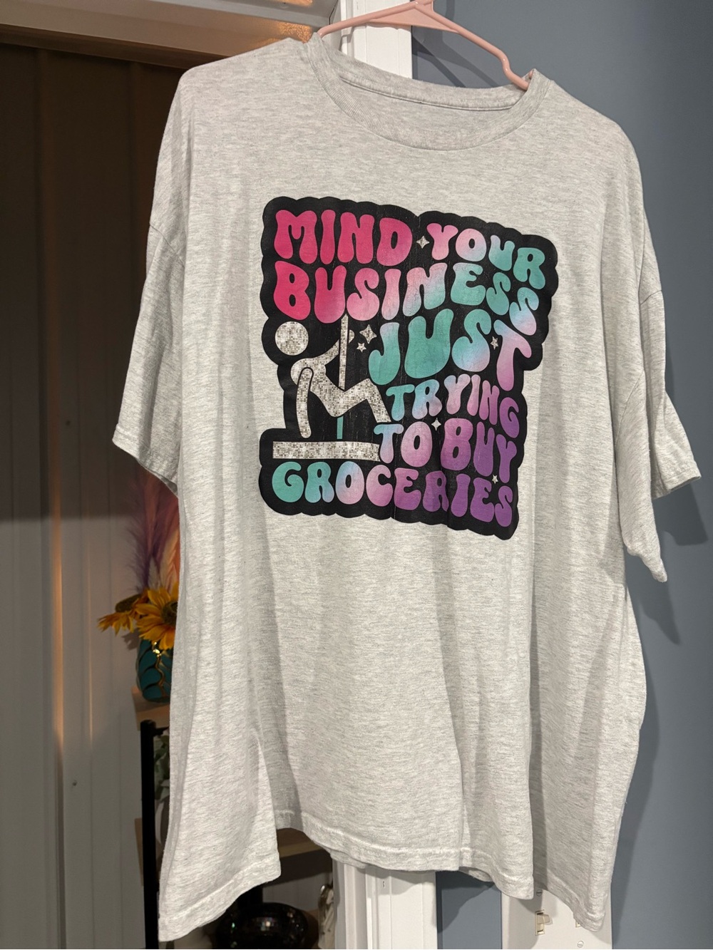 Graphic Tee "Mind Your Business" - Gray with Pink, Teal & Purple Print